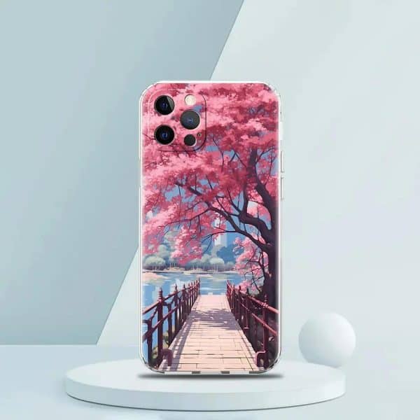Coque de protection pour iPhone avec motif romantique de cerisiers et lac paisible