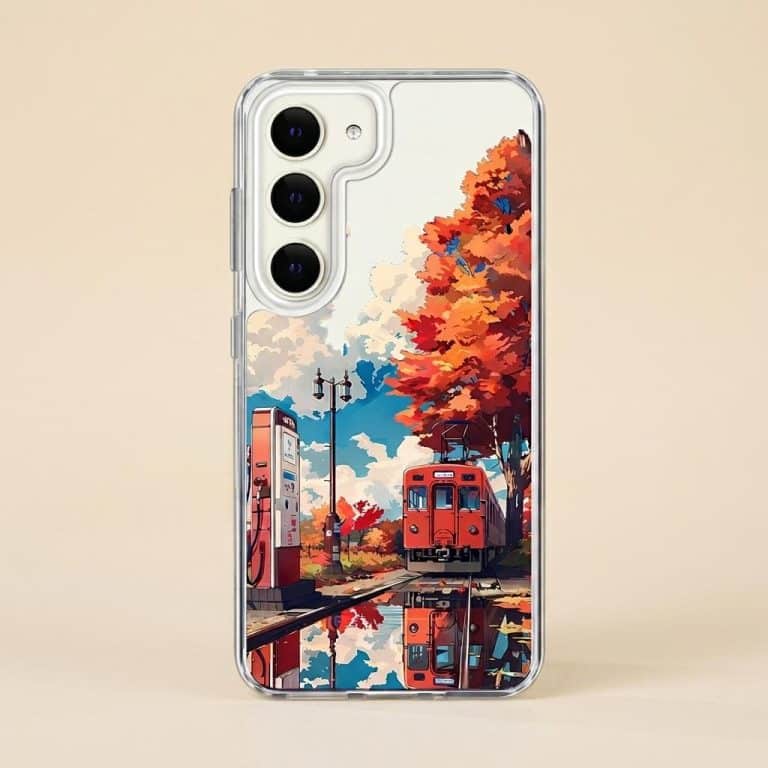 Coque-de-Protection-pour-Samsung-avec-Motif-de-Scene-Automnale-et-Train-Rouge-Japonais-picture-9677