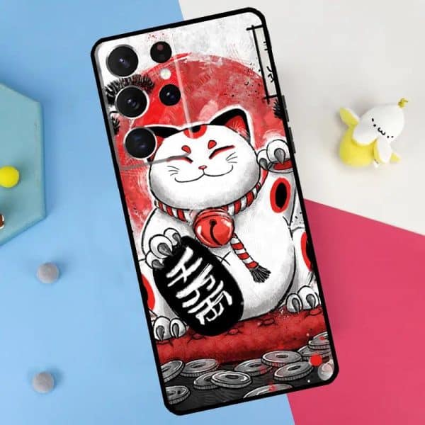 Coque de téléphone avec motif de chat porte-bonheur Maneki-neko japonais