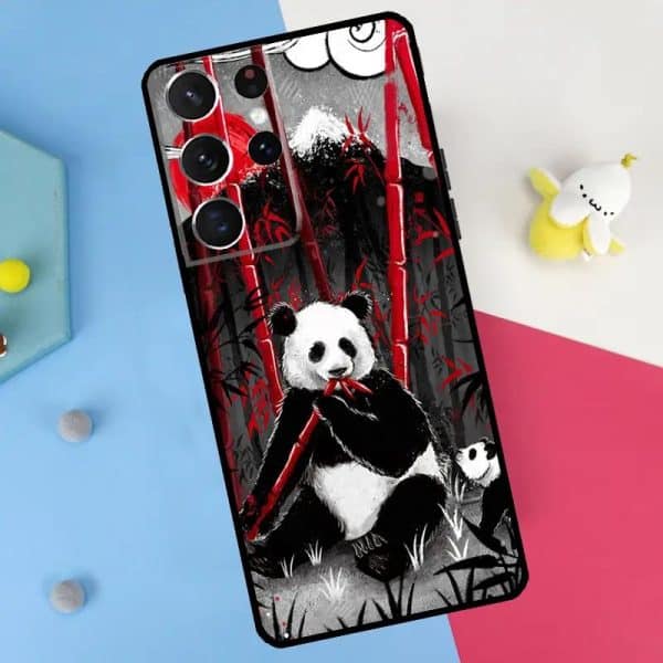 Coque de téléphone avec motif de panda et bambous rouges