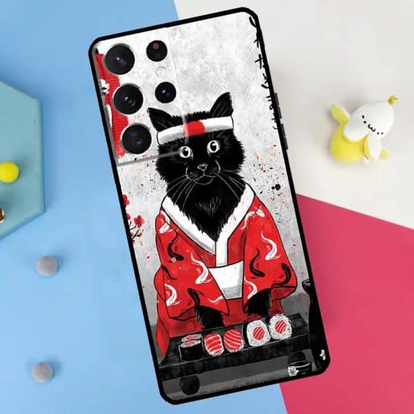 Coque de téléphone avec illustration d'un chat en kimono japonais