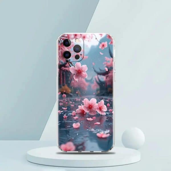 Coque pour iPhone avec impression de fleurs de cerisier sur fond aquatique
