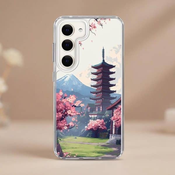 Coque pour Samsung avec décor japonais de mont Fuji, pagode et cerisiers en fleurs