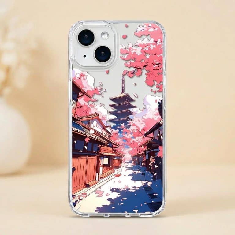 Coque-pour-Smartphone-Ornee-Dune-rue-Japonaise-avec-Cerisiers-en-Fleurs-et-Pagode-picture-6643