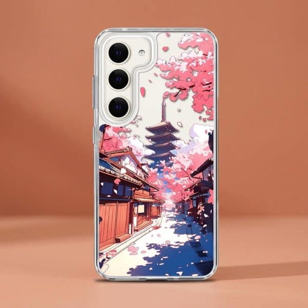 Coque pour smartphone ornée d'une rue japonaise avec cerisiers en fleurs et pagode