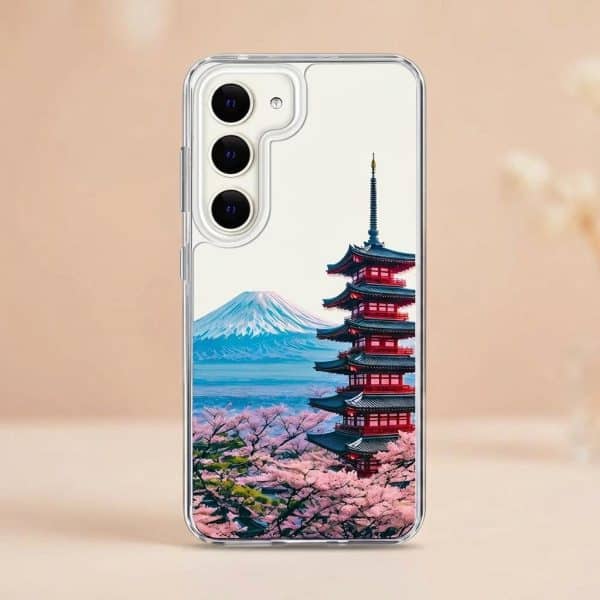 Coque pour téléphone Samsung d'un paysage japonais avec pagode, mont Fuji et cerisiers