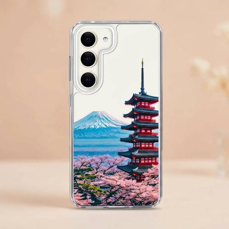 Coque-pour-Telephone-Samsung-Dun-Paysage-Japonais-avec-Pagode-Mont-Fuji-et-Cerisiers-picture-5232