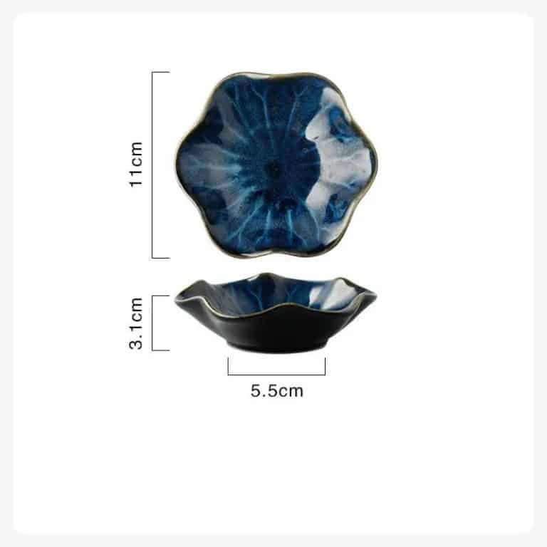 Coupelle à sauce en céramique japonaise avec motif floral en relief - Bleu Foncé