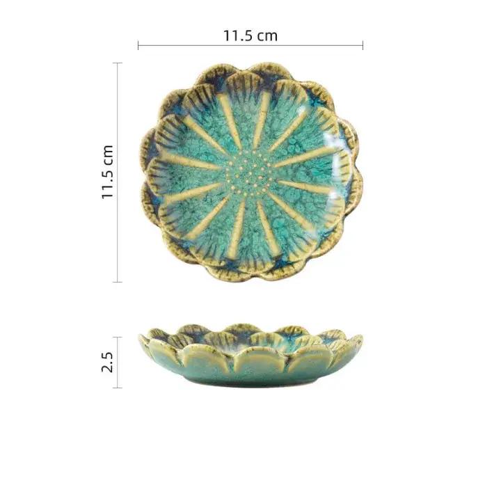 Coupelle à sauce en céramique japonaise avec motif floral en relief - Turquoise Rayé