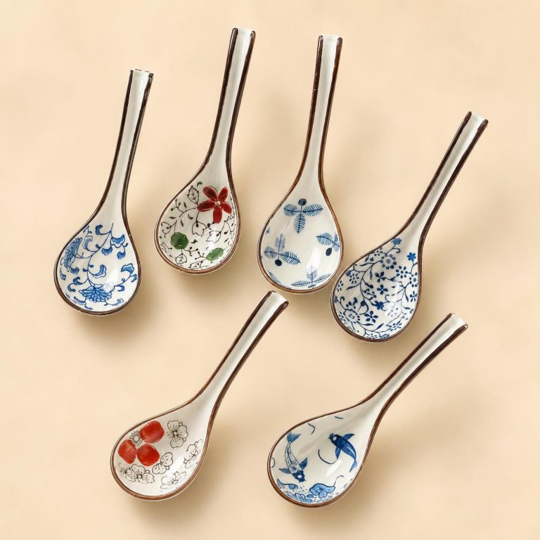Cuillere-a-Soupe-Japonaise-en-Ceramique-Ornee-de-Decors-Floraux-et-Naturels-picture-5958