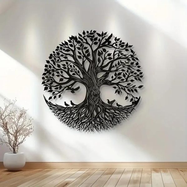 Décoration murale d’arbre de vie en métal noir mat ajouré