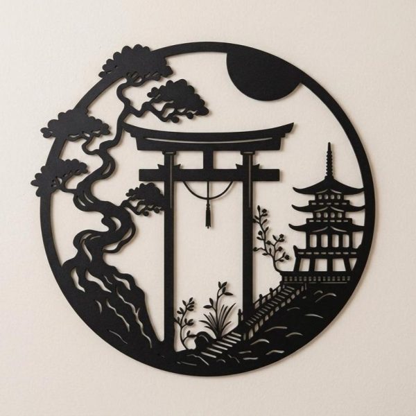 Décoration murale japonaise circulaire en métal noir avec paysage zen et pagode