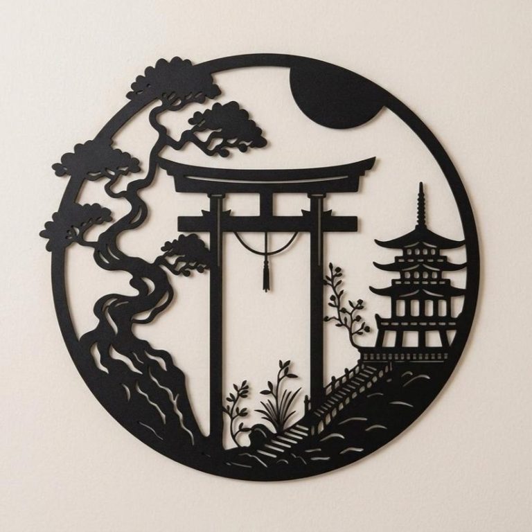 Decoration-Murale-Japonaise-Circulaire-en-Metal-Noir-avec-Paysage-zen-et-Pagode-picture-5858