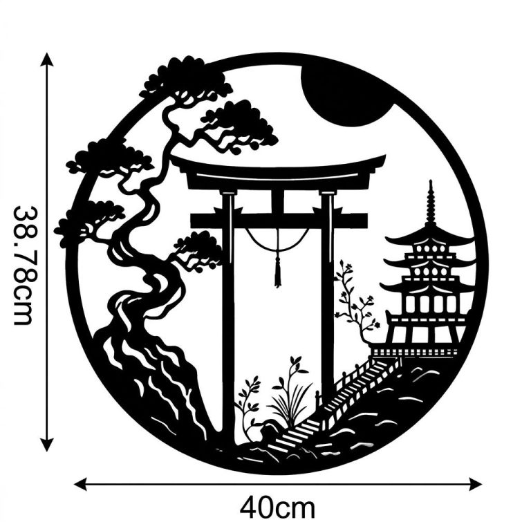 Decoration-Murale-Japonaise-Circulaire-en-Metal-Noir-avec-Paysage-zen-et-Pagode-technique-7174