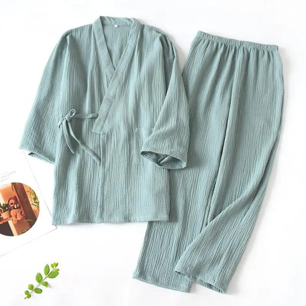 Ensemble pyjama kimono en coton léger et respirant avec veste croisée et ceinture