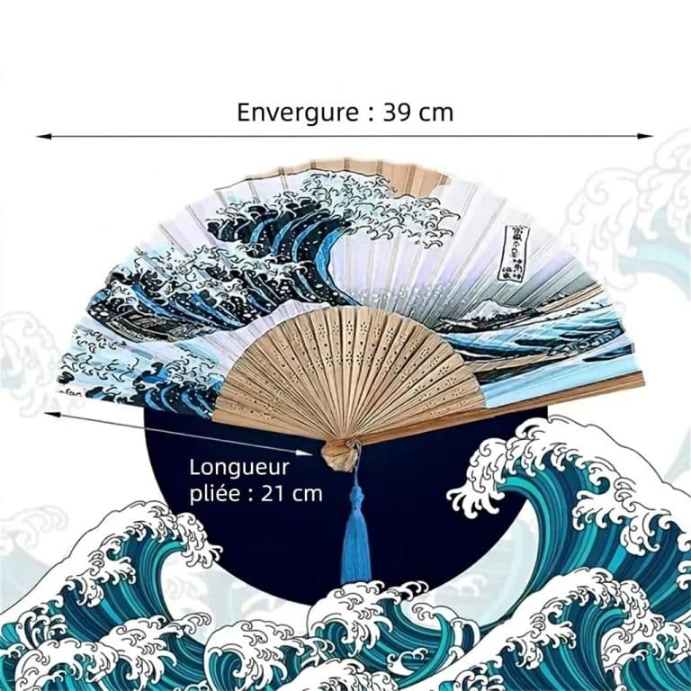 Éventail japonais en soie et bambou avec motif de la Grande Vague