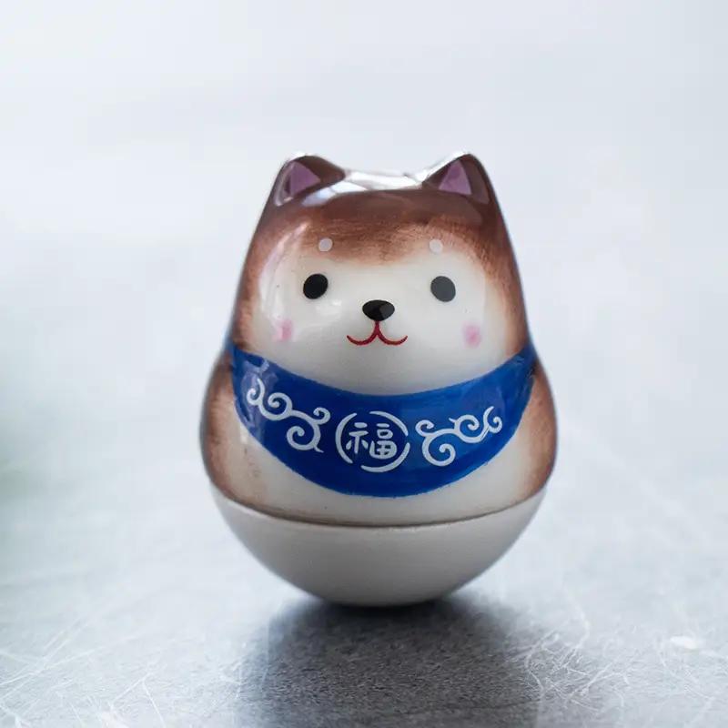 Figurine shiba inu en céramique émaillée - Brun avec Bandeau Bleu