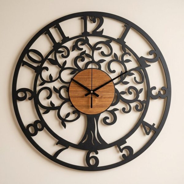 Grande horloge murale d’arbre de vie en fer avec mécanisme silencieux à quartz