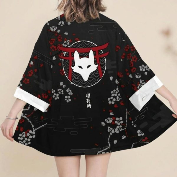 Haori japonais femme avec motifs de cerisiers et kitsune