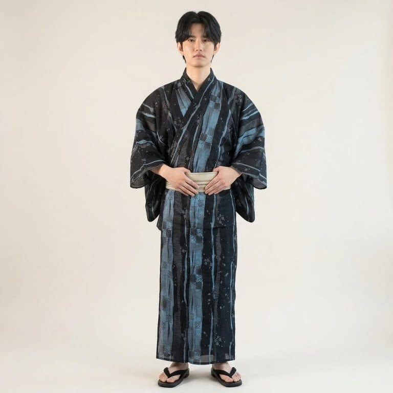 Kimono Traditionnel Japonais pour Homme a Motifs de Rayures Bleues