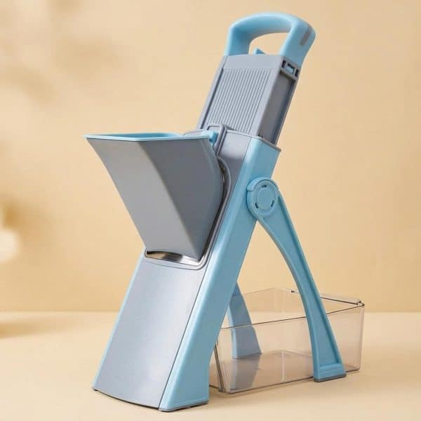 Mandoline multifonction pliable avec 6 types de coupe et système de sécurité intégré