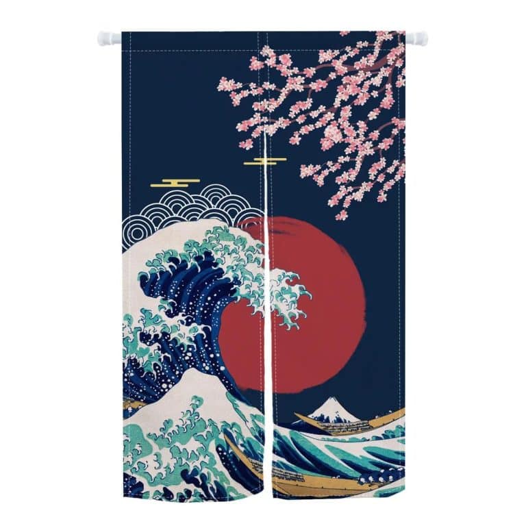Noren japonais en lin à motifs de la Grande Vague - 90x180 cm, Grande Vague et Soleil Rouge