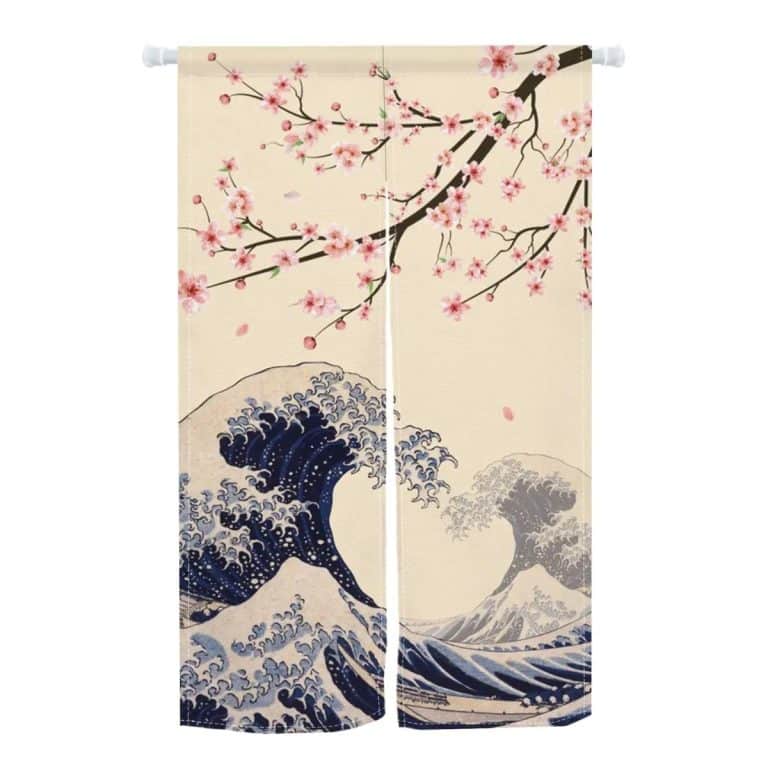 Noren japonais en lin à motifs de la Grande Vague - 90x180 cm, Grande Vague et Sakura