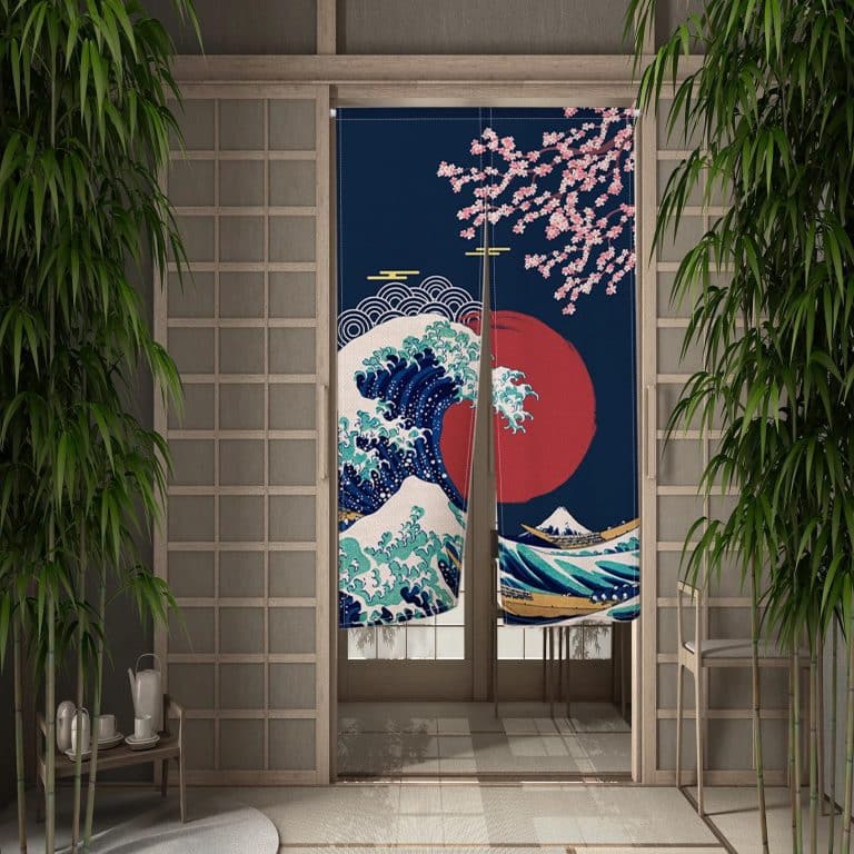 Noren japonais en lin à motifs de la Grande Vague