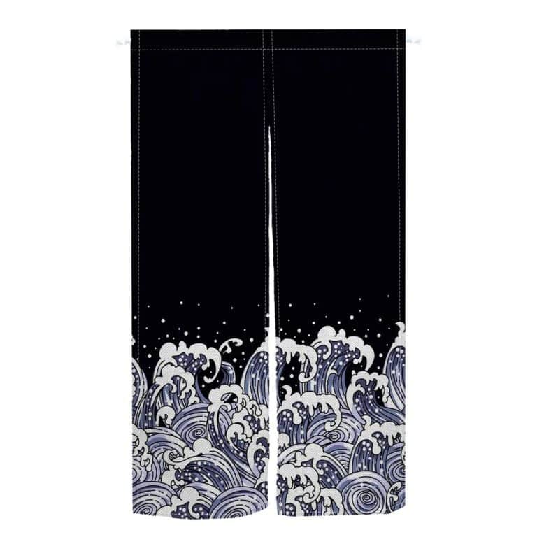 Noren japonais en lin à motifs de la Grande Vague - 90x180 cm, Vagues Écume Blanc Noir
