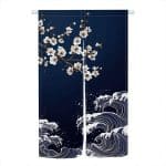 Noren japonais en lin à motifs de la Grande Vague - 90x180 cm, Vagues et Cerisiers en Fleurs