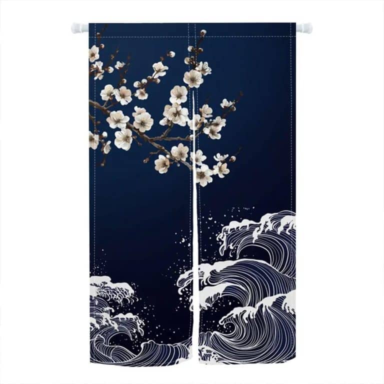 Noren japonais en lin à motifs de la Grande Vague - 90x180 cm, Vagues et Cerisiers en Fleurs
