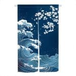 Noren japonais en lin à motifs de la Grande Vague - 90x180 cm, Grande Vague Cerisiers en Fleurs Bleu