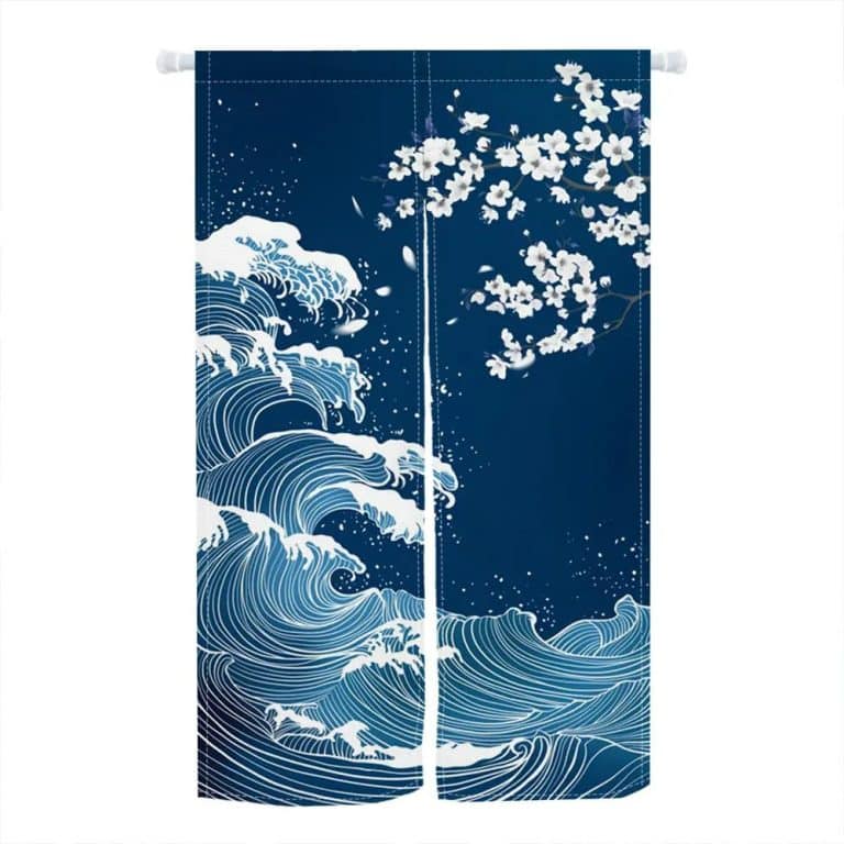 Noren japonais en lin à motifs de la Grande Vague - 90x180 cm, Grande Vague Cerisiers en Fleurs Bleu