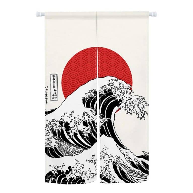 Noren japonais en lin à motifs de la Grande Vague - 90x180 cm, Grande Vague et Mont Fuji Bleu