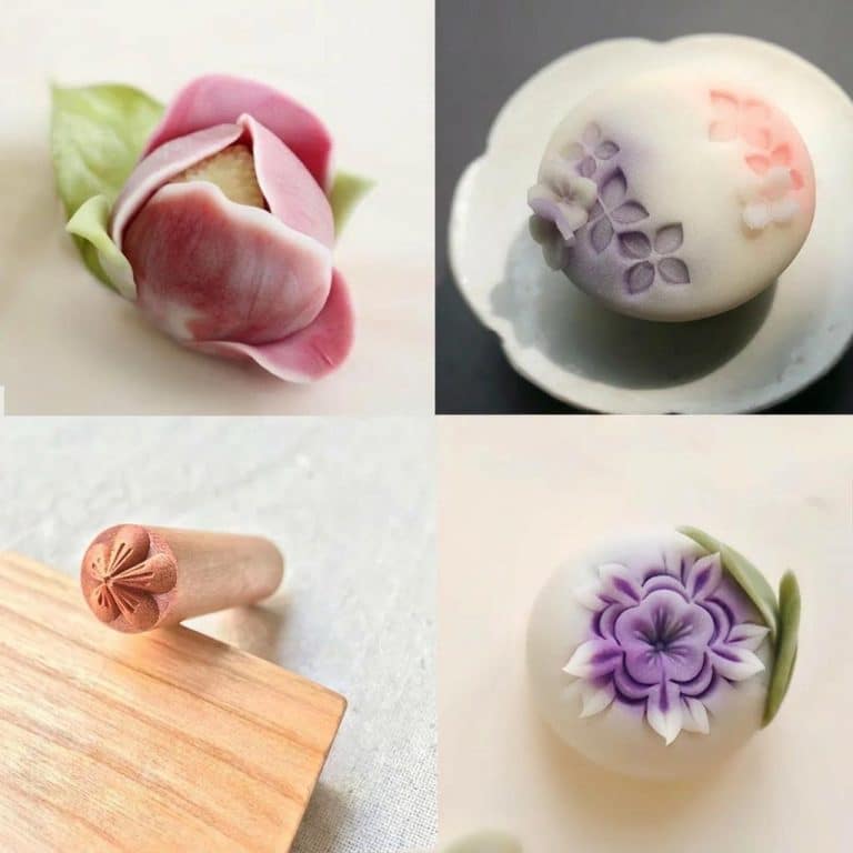 Outil pour wagashi en bois naturel avec embout à motif de fleur stylisée