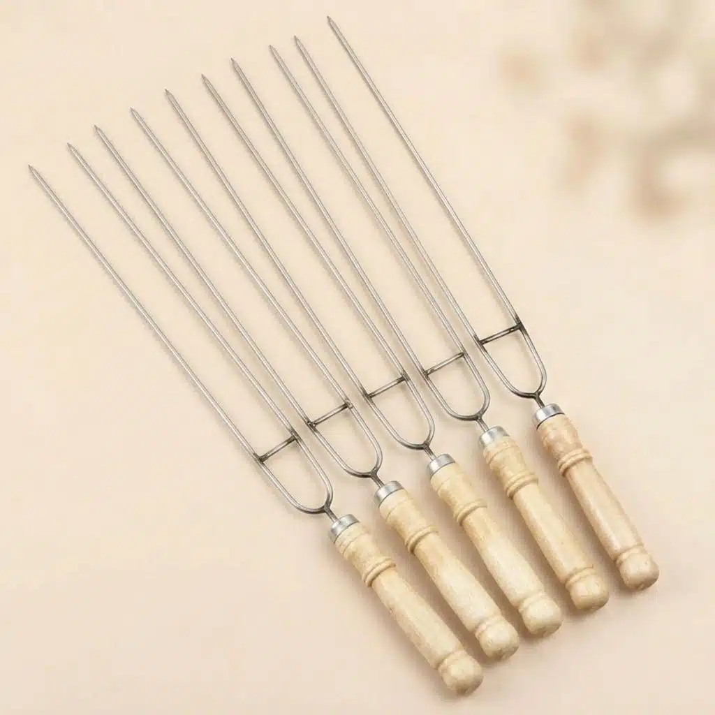 Piques à brochettes inox à double tige avec manche en bois en lot de 5