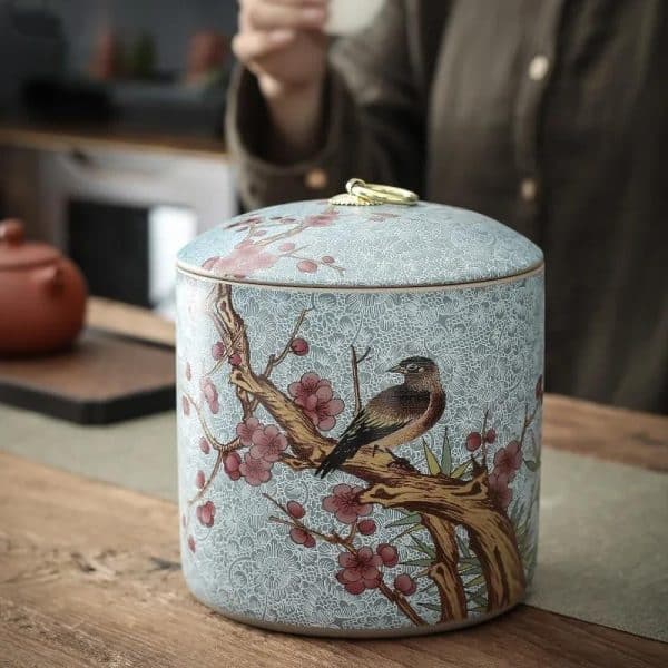Pot Ceramique a Motifs Japonais avec Couvercle Bombe