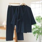 Pyjama japonais d’hiver en coton épais avec col en V et liens à nouer - Bleu Marine, XL