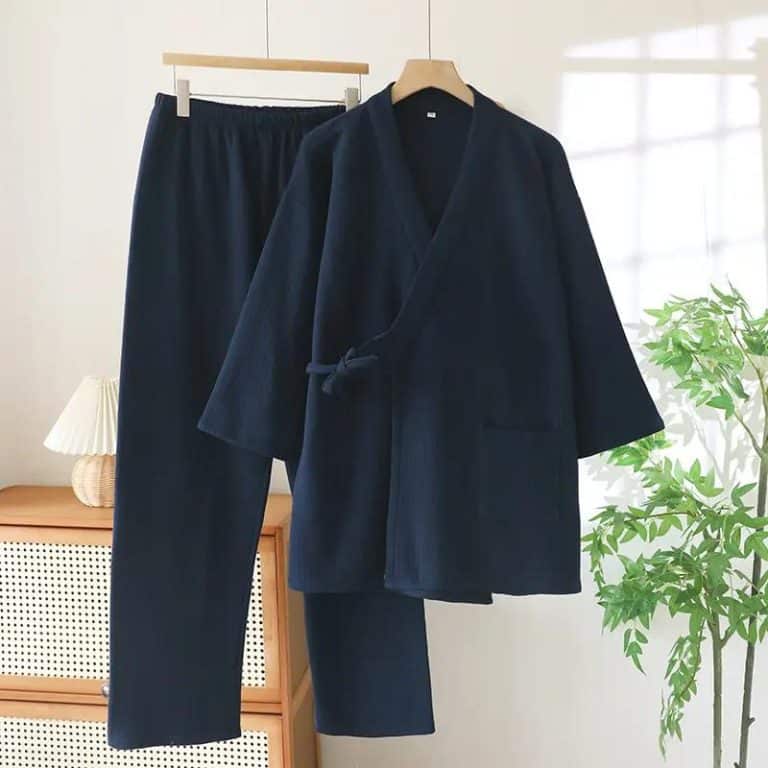 Pyjama japonais d’hiver en coton épais avec col en V et liens à nouer - Bleu Marine, XL