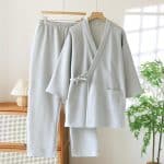 Pyjama japonais d’hiver en coton épais avec col en V et liens à nouer - Gris Clair, XL