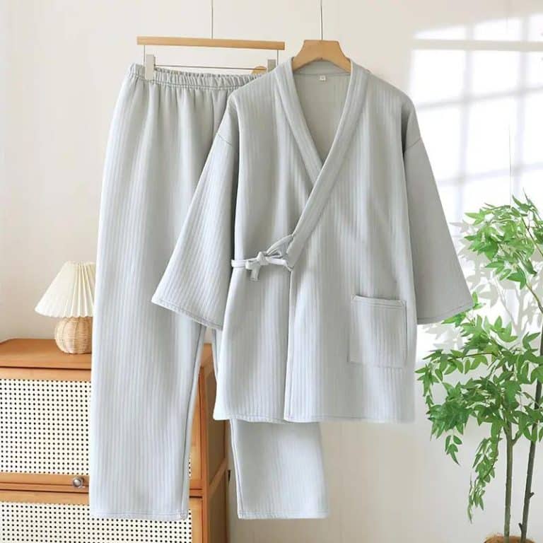 Pyjama japonais d’hiver en coton épais avec col en V et liens à nouer - Gris Clair, XL