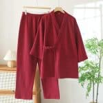 Pyjama japonais d’hiver en coton épais avec col en V et liens à nouer