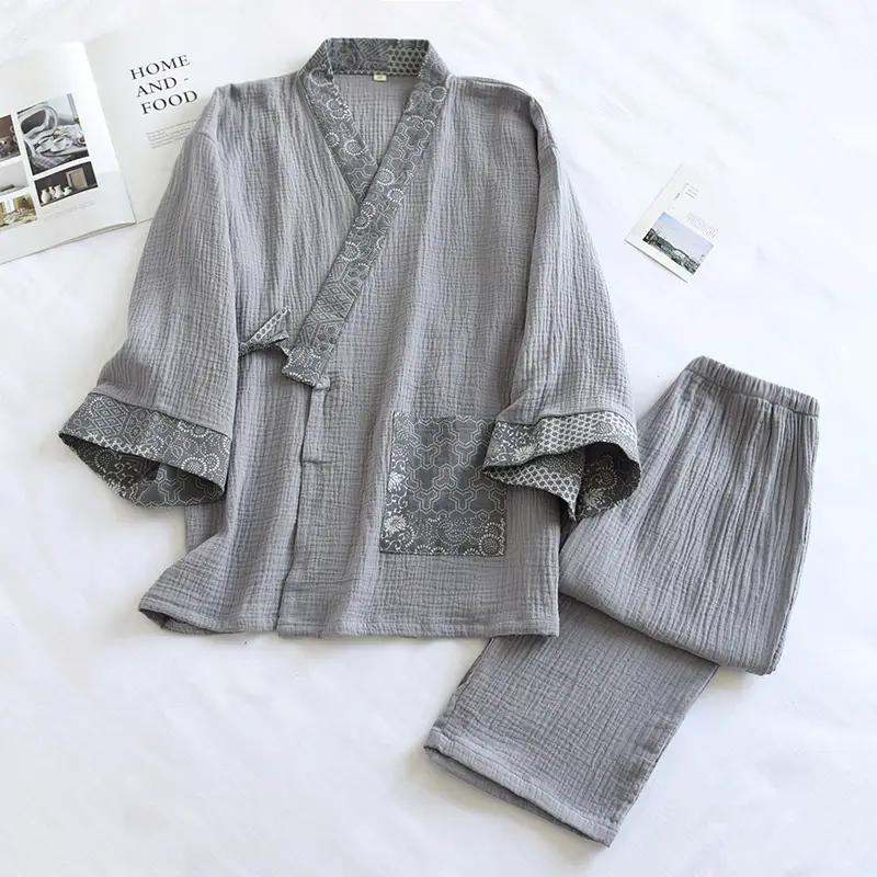 Pyjama japonais jinbei en coton à motifs géométriques - Gris, XL