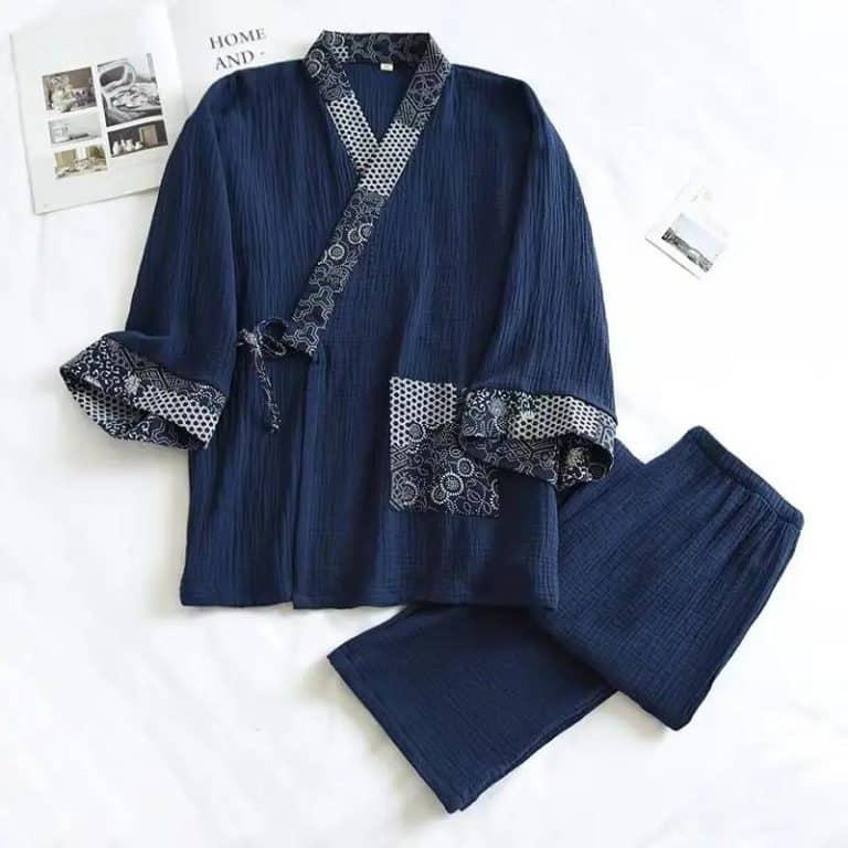 Pyjama japonais jinbei en coton à motifs géométriques - Bleu Marine, XL