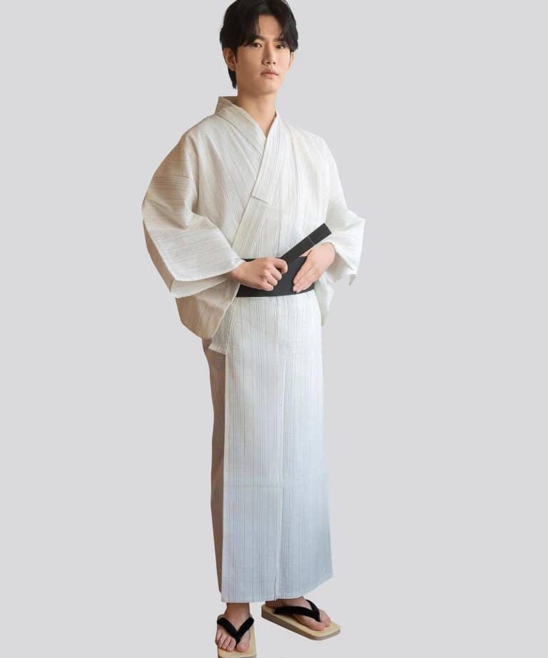 Vetement Traditionnel Japonais Homme Ecru a Fines Rayures