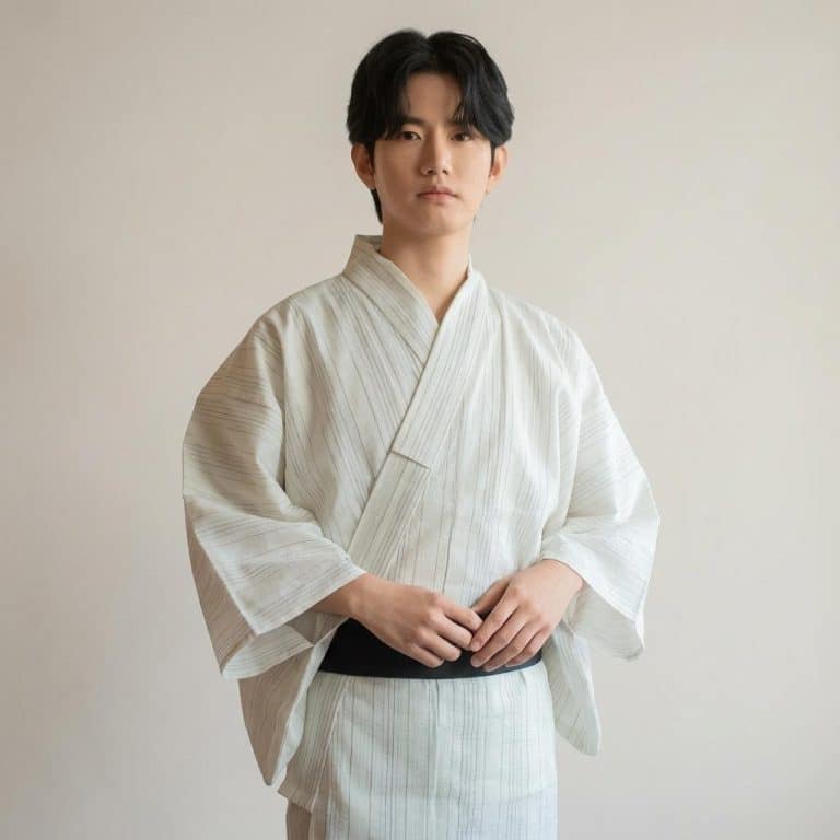 Vetement Traditionnel Japonais Homme Ecru a Fines Rayures