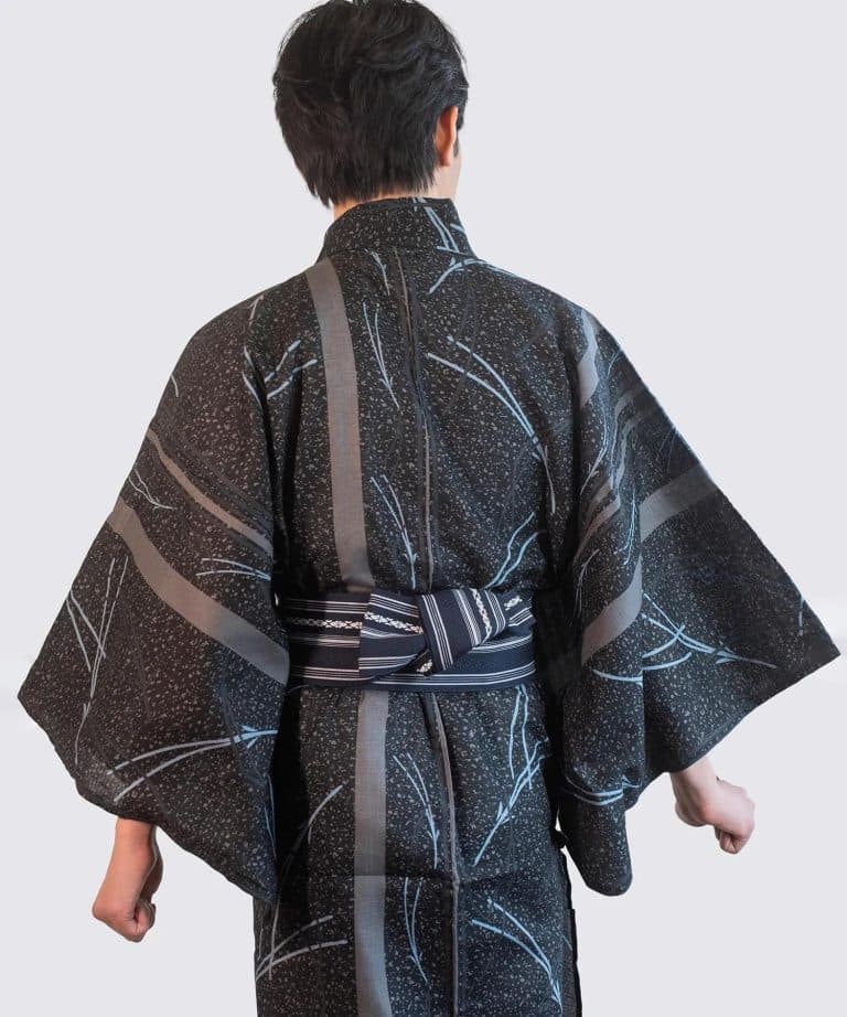 Yukata en Coton Noir a Motifs de Feuilles de Bambou