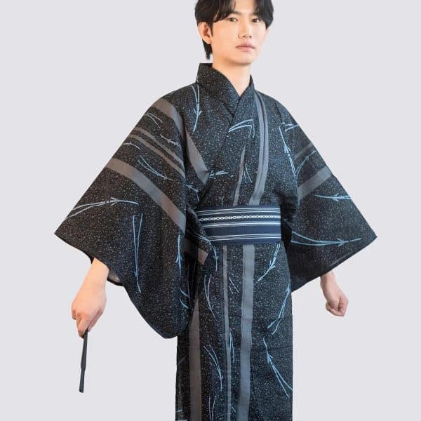 Yukata en Coton Noir a Motifs de Feuilles de Bambou