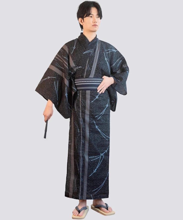 Yukata en Coton Noir a Motifs de Feuilles de Bambou