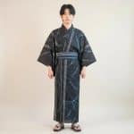 Yukata en Coton Noir a Motifs de Feuilles de Bambou